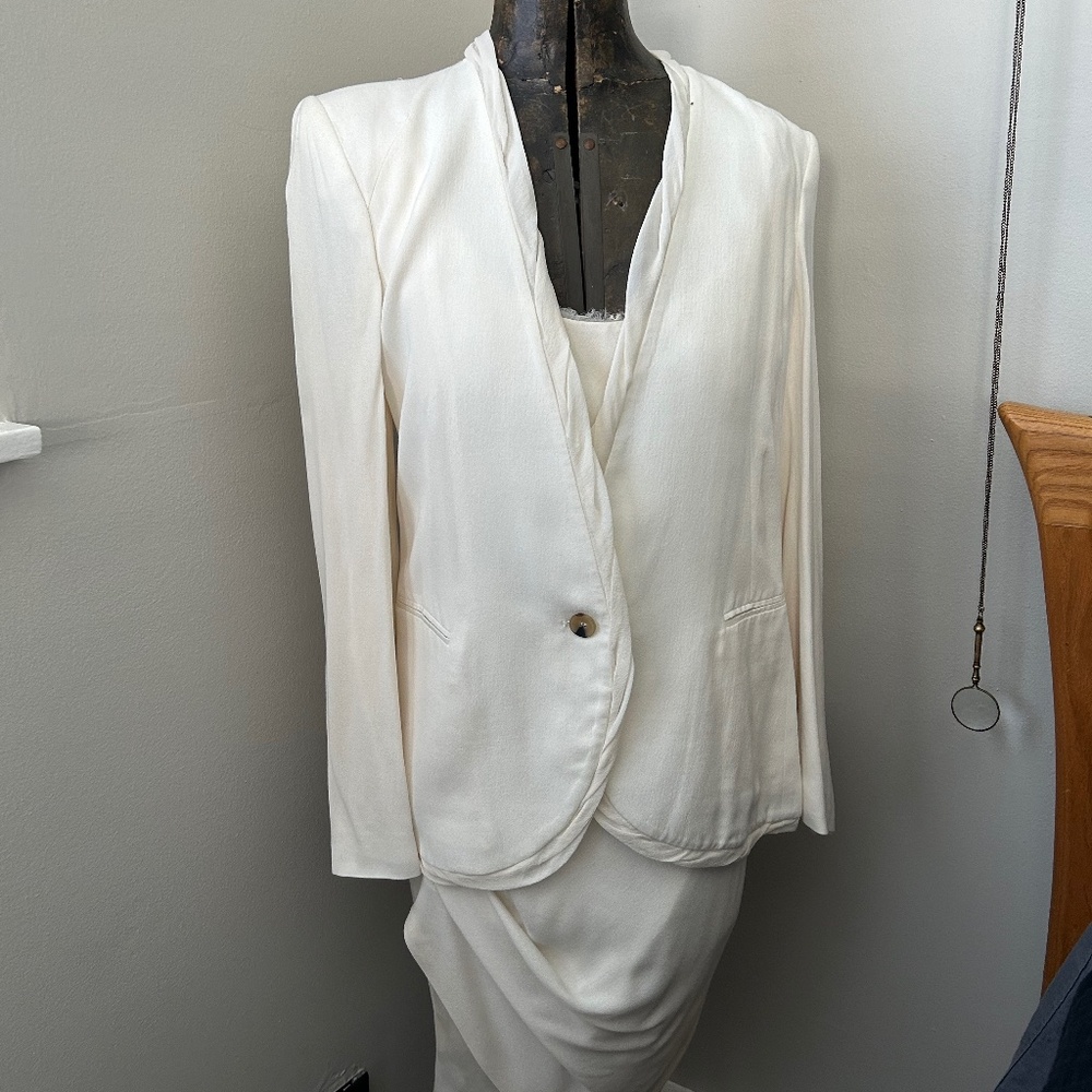 Ivory Helmut Lang Asymmetrical Draped Dress and Matching Jacket